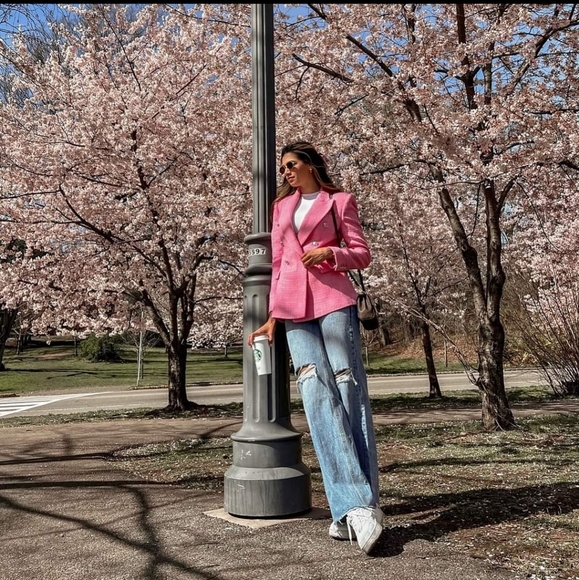 Zara Textured Tweed  Double Breasted  Blazer pink size S - Picture 13 of 17